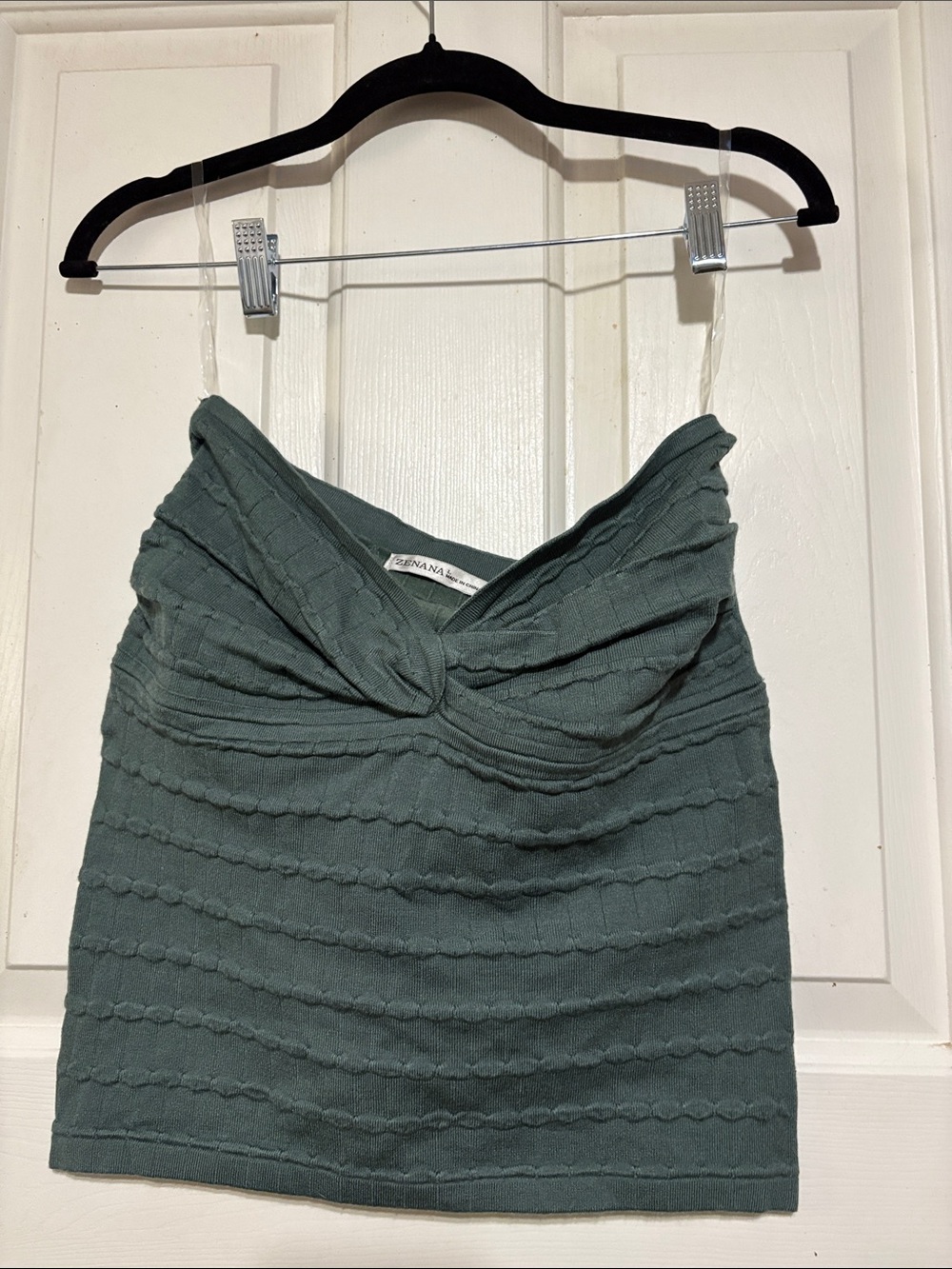 Zenana Outfitters Strapless Knot Front Mini Dress in Sage Green